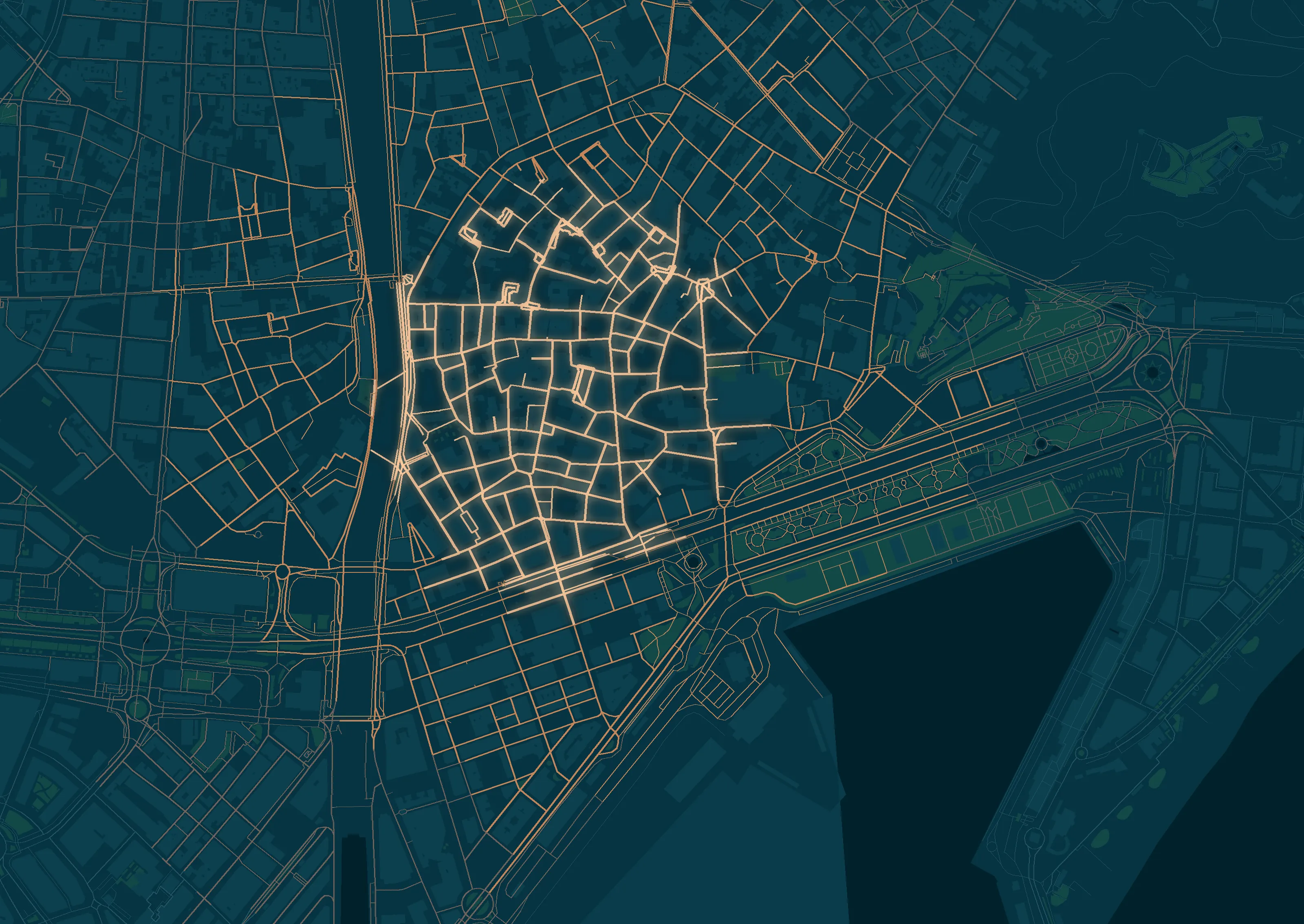 Plano del centro de Málaga con Calle Nueva 10 marcada y las calles coloreadas según los minutos a pie